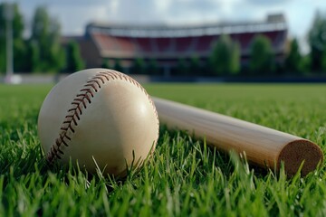 Close-Up of Baseball and Bat on Green Grass with Stadium in Background Under Clear Sky