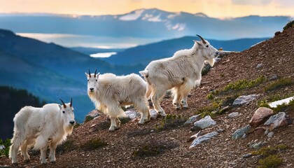 Snowy Mountain Peaks Dotted with Agile Rocky Mountain Goats, Basking in the Alpine Glow of a Colorado Sunset
