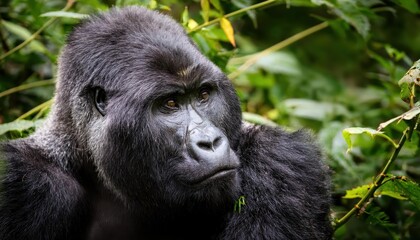 Striking Mountain Gorilla in Mgahinga National Park, Uganda Witnessing Majesty Amidst the Lush Green Vegetation and Breathtaking Landscape