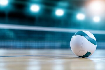 White and blue volleyball sits on a wooden floor