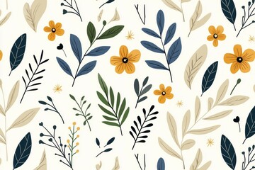 Colorful floral pattern with green leaves and yellow flowers