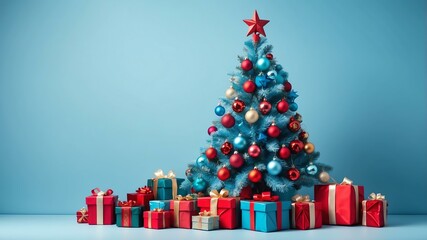 Fototapeta premium christmas tree made of gifts on soft blue background