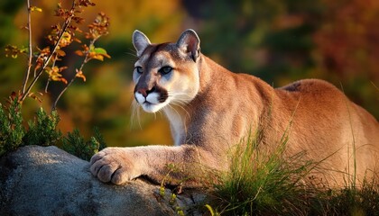 Fototapeta premium Majestic Mountain Lion Encountered in the Serene Wilderness, Captured by a cuttingedge AI Camera amidst the Frosty Winter Forest, Showcasing the Awe and Mystery of Natures Untamed Beauty.