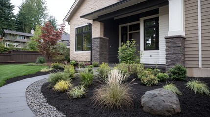 Modern home landscaping, curved walkway, plants