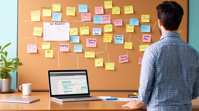 Creative Web Designer at Corkboard with Sticky Notes in Office Setting