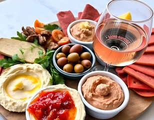 Delicious Mediterranean Mezze Platter with Rose Wine