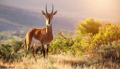 Fototapeta premium Striking Portrait of a Mountain Reedbuck against a Backdrop of Majestic African Highlands, Showcasing the Beauty and Grandeur of Untamed Wilderness.