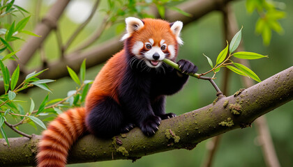 Obraz premium Red panda eating bamboo on tree branch
