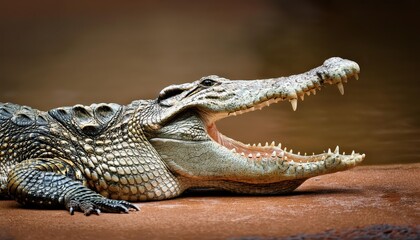 Obraz premium Ferocious Mugger Crocodile Baring Its Teeth, Capturing the Raw Power and Majesty of the Indian Swamplands in a Dramatic Closeup.