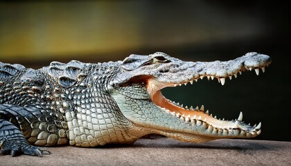 Fototapeta premium Ferocious Muggar Crocodile Baring Teeth in Swampy Wetland Underneath a StormSwept Sky, Displaying Power and Majesty