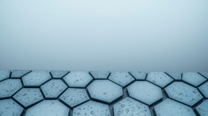 A contemporary geometric background with water droplets, featuring blue-toned hexagons and soft gradient, is perfect for modern designs.