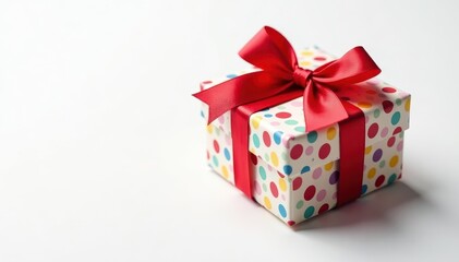 Fototapeta premium Colorful gift wrapped in red ribbon isolated on white background, ribbons, present, packaging