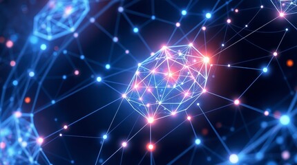 Obraz premium A vibrant abstract network glows with interconnected nodes, representing modern digital technology.