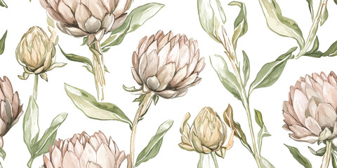Vector seamless Vintage Repeating artichoke pattern in shades of pastel brown, wallpaper in a watercolor design on a white background.