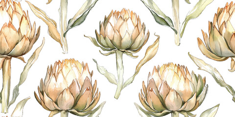 Fototapeta premium Vector seamless Vintage Repeating artichoke pattern in shades of pastel brown, wallpaper in a watercolor design on a white background.