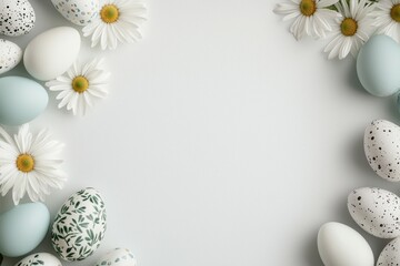Fototapeta premium White background with a bunch of eggs and flowers