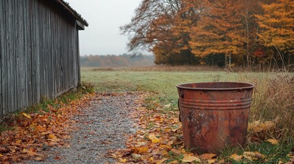 Obraz premium Rusty Vintage Barrel Surrounded by Autumn Leaves in Scenic Landscape