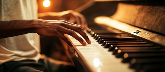Naklejka premium Focused pianist playing keys on piano at home with warm light