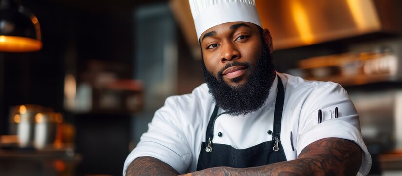 Confident Black Chef Portrait in Restaurant Kitchen, Culinary Expertise