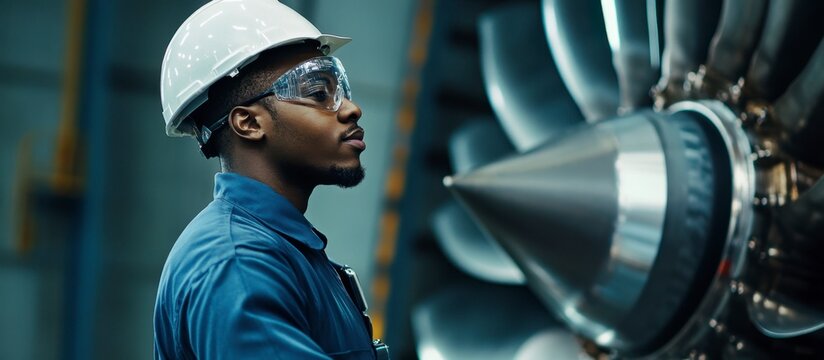 Focused African Engineer Inspecting Jet Engine in Manufacturing plant , Metal Precision