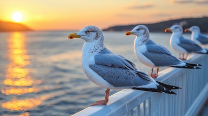 Seagulls Perched on a Rail at Sunset by the Ocean, Coastal Scene