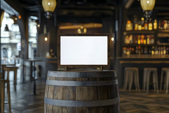 Blank Wooden Sign Mockup on Whiskey Barrel in Rustic Bar Setting