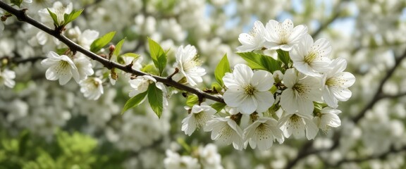 Obraz premium Soft focus of white blooms of nanking cherry prunus tomentosa with greenery, blurry, lush