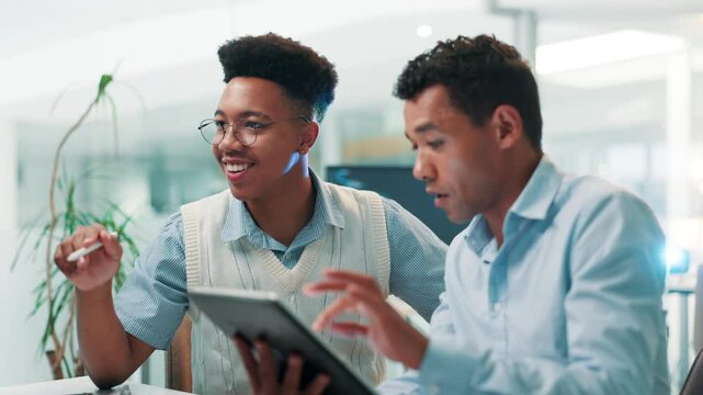 Business, computer and people with planning on tablet for stock market analysis, currency comparison and strategy. Trading team, trader and talking of investment research and cryptocurrency in office