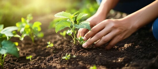 Planting with Care: Young Hands Cultivating Seedling in Sunny Garden, Nurturing Growth