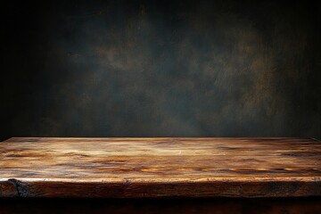 Rustic Wooden Tabletop Against Dark Textured Wall: Ideal for Product Displays and Mockups, Showcasing Textures and Ambiance.