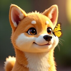 A lively corgi puppy gazes joyfully at a butterfly fluttering close by in the warmth of late afternoon sunlight. The background features soft greenery, adding to the cheerful atmosphere.