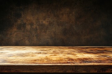 Rustic Wooden Tabletop against a Dark Brown Textured Wall: A Still Life Photography Background