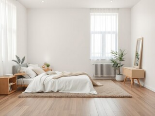 Softly lit bedroom with plush area rug and minimalist furniture, wood accents, calming colors, cozy atmosphere