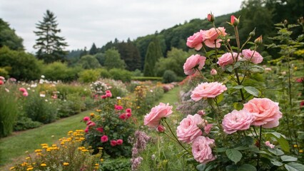 Obraz premium Soft pink roses bloom in a garden filled with lush greenery and vibrant wildflowers, creating a stunning floral arrangement., floral arrangement, outdoor, botanical, landscape, garden flowers