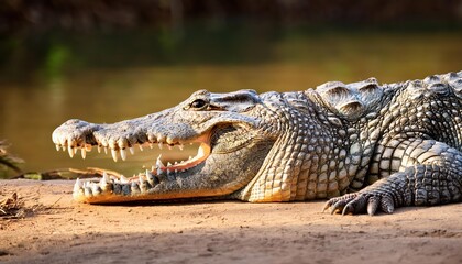 Aweinspiring Nile Crocodile Majestic Crocodylus niloticus Striking a Powerful Pose amidst the African Freshwater Habitat, Capturing the Might and Mystique of the African Savannah.