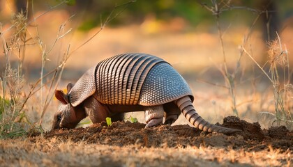 Striking Emergence of the Ninebanded Armadillo Dasypus novemcinctus from its Burrow in a U.S. Wilderness at Dusk, Capturing the Mysterious Beauty of this Elusive Creature in its Natural Habitat.