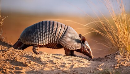 Ninebanded Armadillo Emerging from a Burrow in the US Wilderness at Dawn A Majestic Moment Captured in Rural America