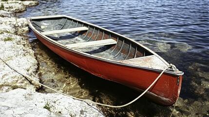 Obraz premium Vintage Red Canoe Docked by Clear Waters on Rocky Shoreline