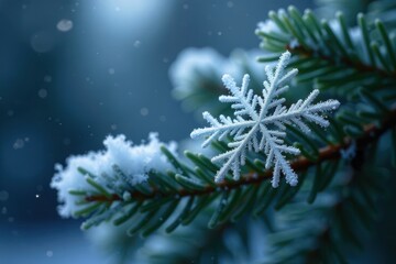 Intricate snowflake on frosted pine needles, cold night , blue, plant, holiday