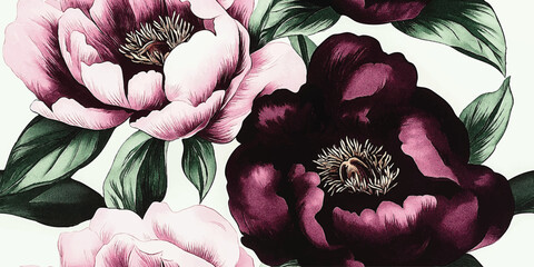 Vector Seamless vintage watercolor pattern with burgundy roses and peonies, floral pattern, elegant peonies seamless print, Template design for textiles, interior, clothes, wallpaper. Botanical art © Eli Berr