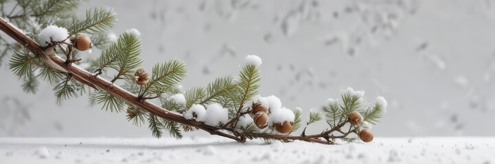 A bare fir branch adorned with acorn caps and fallen needles against a snowy white backdrop,  forest,  winter wonderland,  evergreen