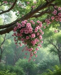 A beautiful pink floral banner hanging from a tree branch in a lush green forest,  nature inspiration,  nature wedding,  natural element