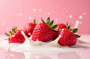 Juicy strawberries are splashed in milk, creating dynamic droplets against a vibrant pink background. This moment captures the freshness and sweetness of the fruit in a lively composition.