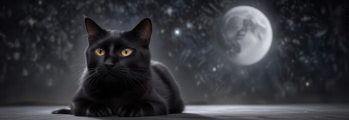 A black cat with a paw print on its forehead surrounded by dark stars and moons ,  paw prints, ...