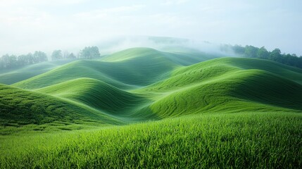 Fototapeta premium Serene Green Hills Landscape with Misty Background at Dawn
