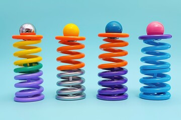 Different sized colorful springs are arranged with balls on top at varying heights against a simple background. Purple, silver, and multicolored springs support blue, yellow, teal, and purple balls.
