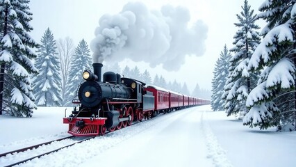 A vintage steam train moves along a snow-covered track winding through a serene winter scene filled with tall evergreen trees. Soft, white snow blankets the ground, creating a peaceful atmosphere.
