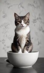 A cat sitting in a bowl of milk on black and white background illustration ,  home decor,  food,  cats