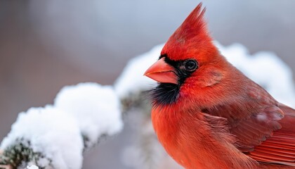 Stunning Northern Cardinal Braving Winters Chill Vibrant Red Bird Perched atop Snowy Branch, Against Backdrop of Frosty Landscape