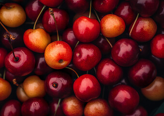 Fresh cherries with dark red skin arranged on a white background, professional food photo, top view composition highlighting the vibrant color and natural sheen of the fruit.